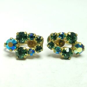 Vintage Green AB Rhinestone Made in Austria Clip On Screw Back Earrings